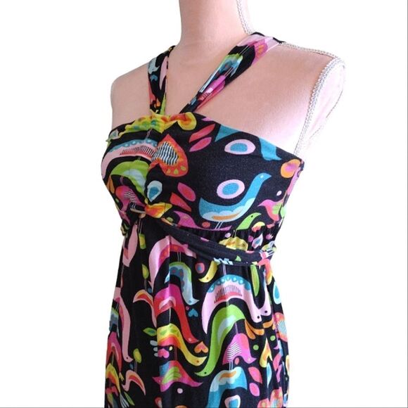 VTG 90s Black Colorful Birds Folk Art Print Sleeveless Halter Maxi Dress Small - Picture 9 of 17